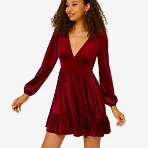 Halara In My Feels Everyday Ruffled Hem Velvet Dress - Wine red - holiday dress